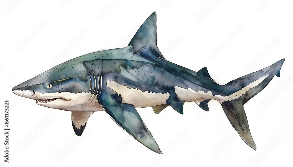 Naklejka premium A watercolor illustration of a shark isolated on a white background