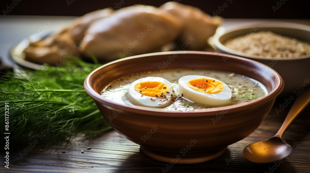 Rustic wooden table set with lentil porridge and boiled eggs, a traditional peasant meal Rustic wooden table set with lentil porridge and boiled eggs, a traditional peasant meal