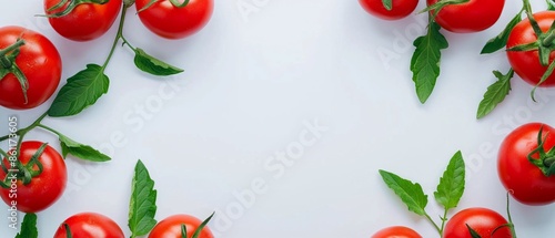 Elegant tomatoes frame featuring ripe red tomatoes with fresh green leaves and delicate vines, perfect for a vibrant and natural look on a white background © ธนากร บัวพรหม