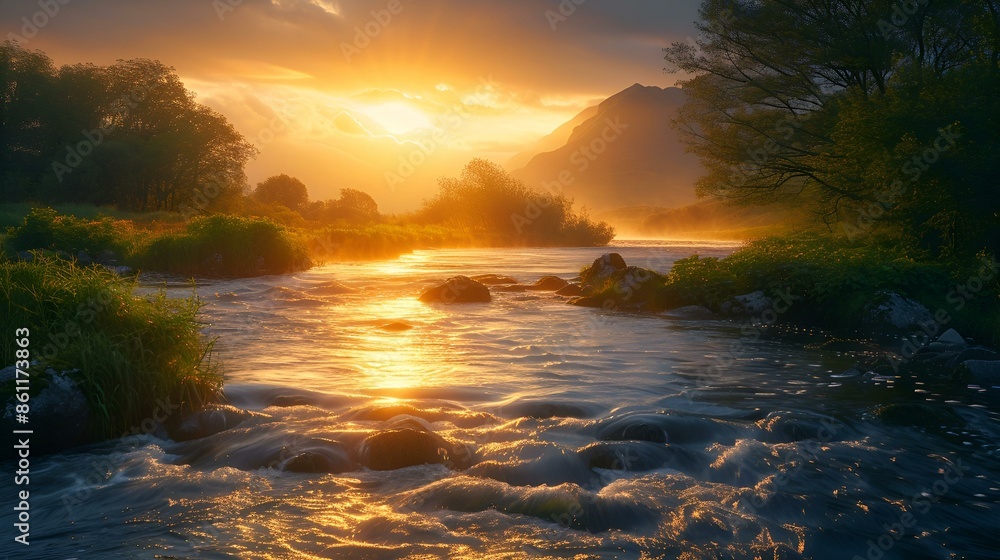 Scenic river flowing through forest at sunset. Scenic river flowing through forest at sunset.