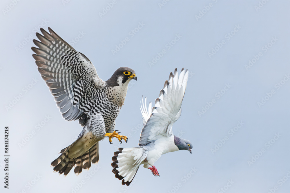 © EdvvinStudios - Peregrine falcon attacking a pigeon while flying