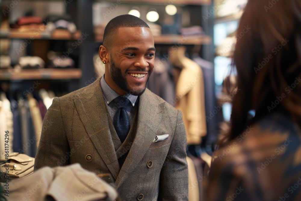 Smiling Man in Suit Looking at Woman in Clothing Store Smiling Man in Suit Looking at Woman in Clothing Store