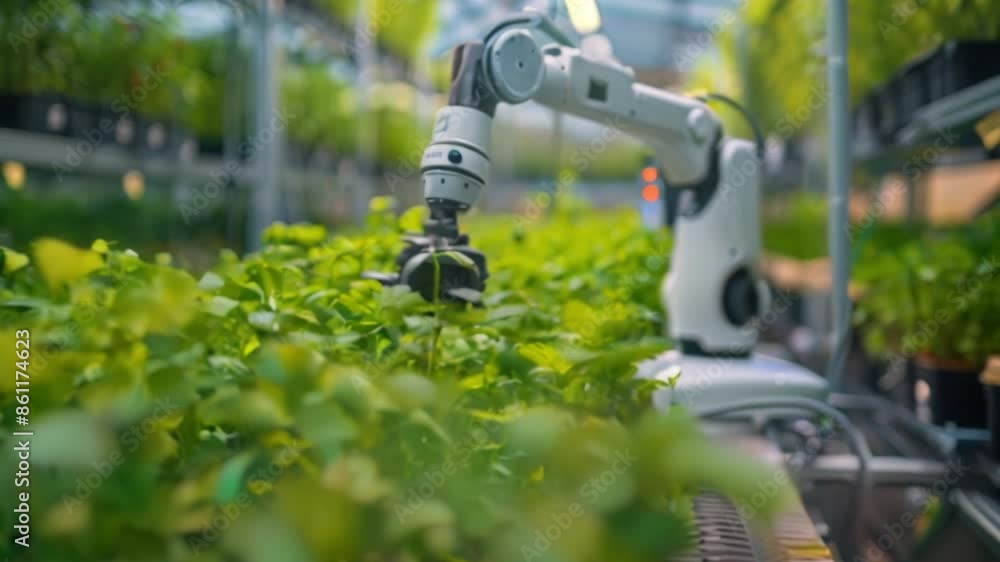 Agricultural innovation with a greenhouse robot using artificial intelligence and automation Smart farm with robot mechanical arms harvesting crops—futuristic technology Agricultural innovation with a greenhouse robot using artificial intelligence and automation Smart farm with robot mechanical arms harvesting crops—futuristic technology