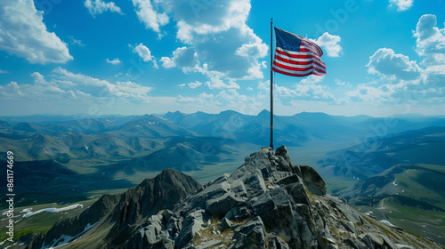 American flag waving on a mountain peak, breathtaking landscape, adventurous Independence Day  photo