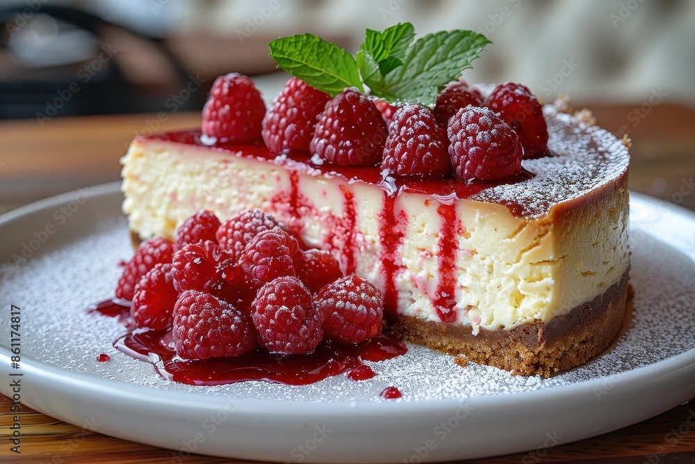 A decadent slice of cheesecake topped with fresh raspberries and a drizzle of raspberry coulis. A decadent slice of cheesecake topped with fresh raspberries and a drizzle of raspberry coulis.