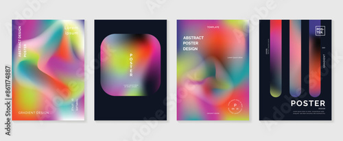 Abstract gradient poster background vector set. Minimalist style cover template with vibrant perspective 3d geometric prism shapes collection. Ideal design for social media, cover, banner, flyer.