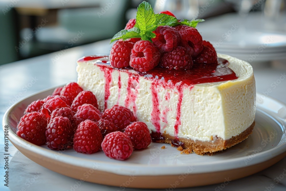 A decadent slice of cheesecake topped with fresh raspberries and a drizzle of raspberry coulis. A decadent slice of cheesecake topped with fresh raspberries and a drizzle of raspberry coulis.