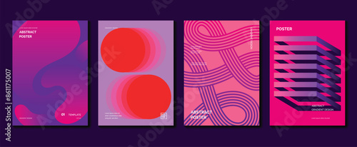 Abstract gradient poster background vector set. Minimalist style cover template with vibrant perspective 3d geometric prism shapes collection. Ideal design for social media, cover, banner, flyer.