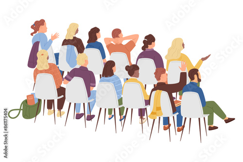 Conference audience. Seminar meeting. Workshop event, training chair, participant, sit back side. Business lecture, person auditorium. Vector garish cartoon flat style isolated on white illustration