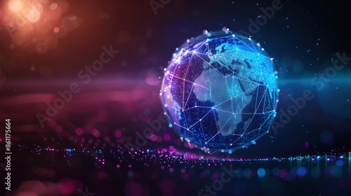 Fototapeta Naklejka Na Ścianę i Meble -  Colorful digital globe with interconnected grid lines focus on unity, ethereal, overlay, digital network