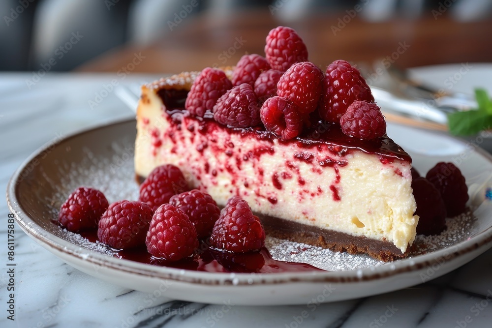 A decadent slice of cheesecake topped with fresh raspberries and a drizzle of raspberry coulis. A decadent slice of cheesecake topped with fresh raspberries and a drizzle of raspberry coulis.