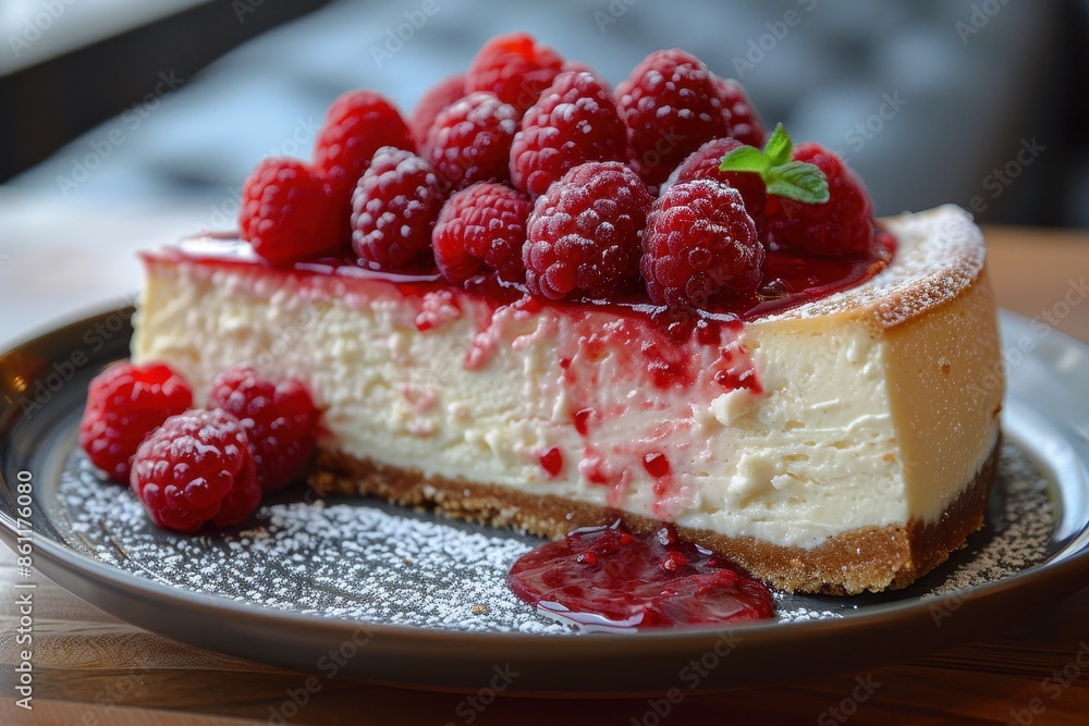 A decadent slice of cheesecake topped with fresh raspberries and a drizzle of raspberry coulis. A decadent slice of cheesecake topped with fresh raspberries and a drizzle of raspberry coulis.