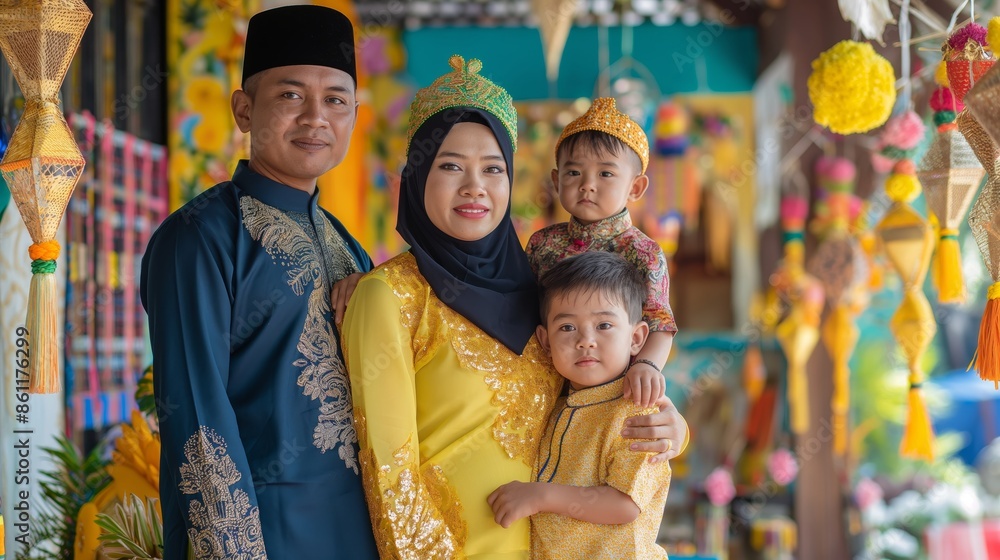 A smiling family of four, dressed in traditional outfits, poses at a lively event with decorative and cultural elements in the background. A smiling family of four, dressed in traditional outfits, poses at a lively event with decorative and cultural elements in the background.