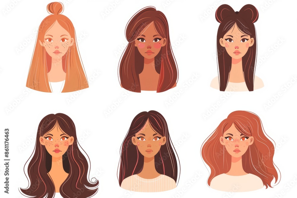 Women faces. Woman with different hair color and different hairstyles illustration Women faces. Woman with different hair color and different hairstyles illustration