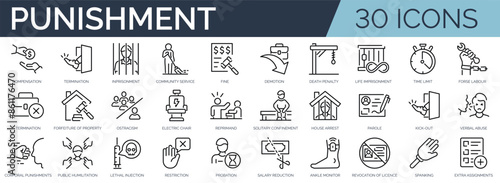 Set of 30 outline icons related to punishment. Linear icon collection. Editable stroke. Vector illustration