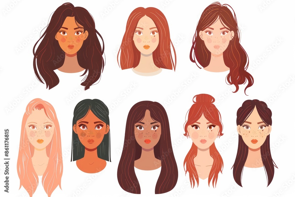 Women faces. Woman with different hair color and different hairstyles illustration Women faces. Woman with different hair color and different hairstyles illustration