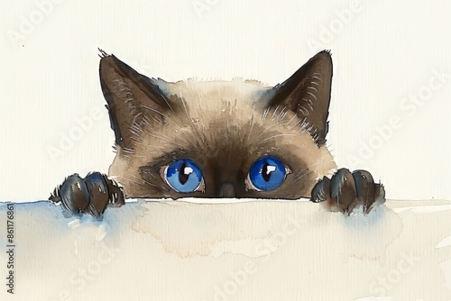 Realistic watercolor portrait of a siamese cat s head on a pure white background photo