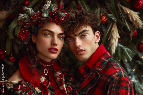 Wallpaper Mural Man and woman in festive attire standing together in front of a decorated Christmas tree creating a holiday mood Torontodigital.ca