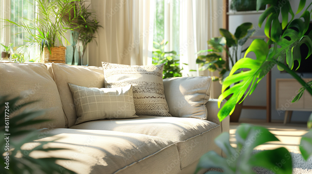 Cozy living room with plants and sunlight streaming through windows. Cozy living room with plants and sunlight streaming through windows.
