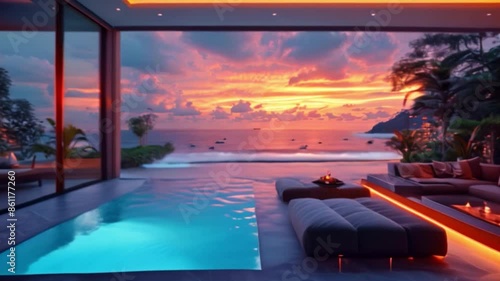 A lavish modern home featuring a second story, blue neon lighting, a view of the sea, contemporary black and blue furnishings, and a setting sun that illuminates the water
