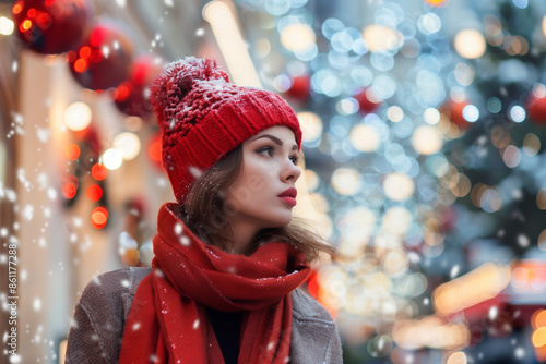 Wallpaper Mural Woman in a red hat and scarf walking in a snowy city street with festive lights and decorations in the background Torontodigital.ca
