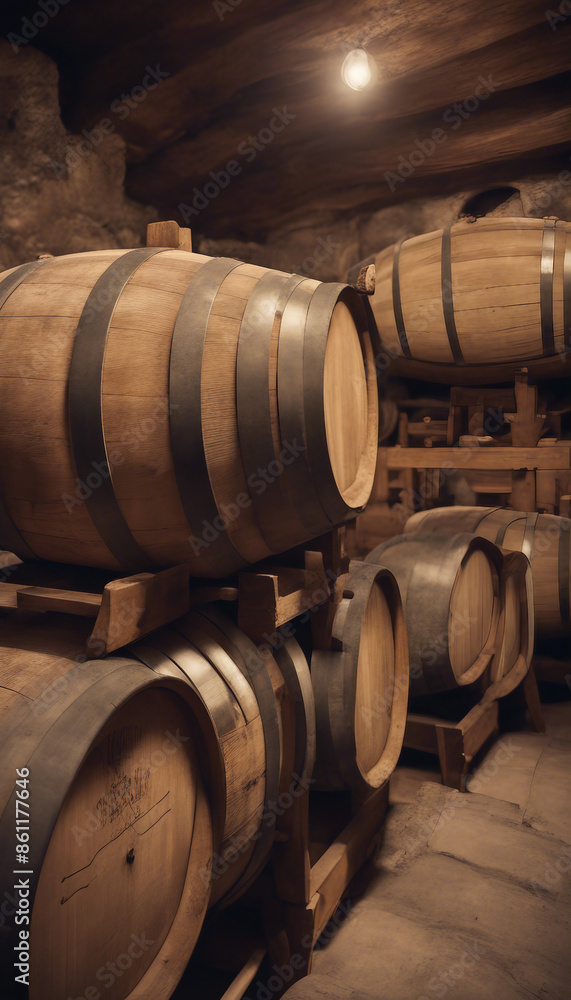 Old french oak wooden barrels in underground cellars for wine aging process Vintage Barrels and Cask Old french oak wooden barrels in underground cellars for wine aging process Vintage Barrels and Cask