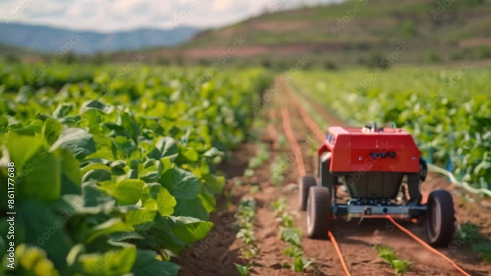 An agricultural technology robot envisions agriculture being revolutionized by technology advancement through robotics driven by automation and artificial intelligence. An agricultural technology robot envisions agriculture being revolutionized by technology advancement through robotics driven by automation and artificial intelligence.