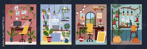 Home interior. Work room with computer desk and chair. Comfortable office furniture. Flowerpots on table. Indoor modern workplace. Green space. Cozy greenhouse furnishing. Apartments vector tidy set