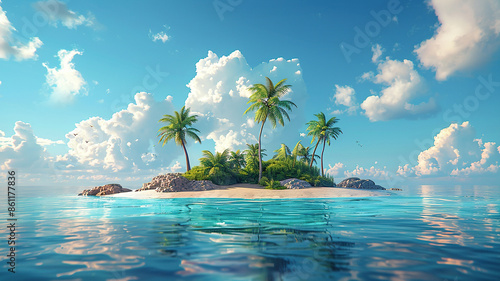 Small tropical island with palm trees in the middle of blue water on a sunny day. Generated by artificial intelligence photo