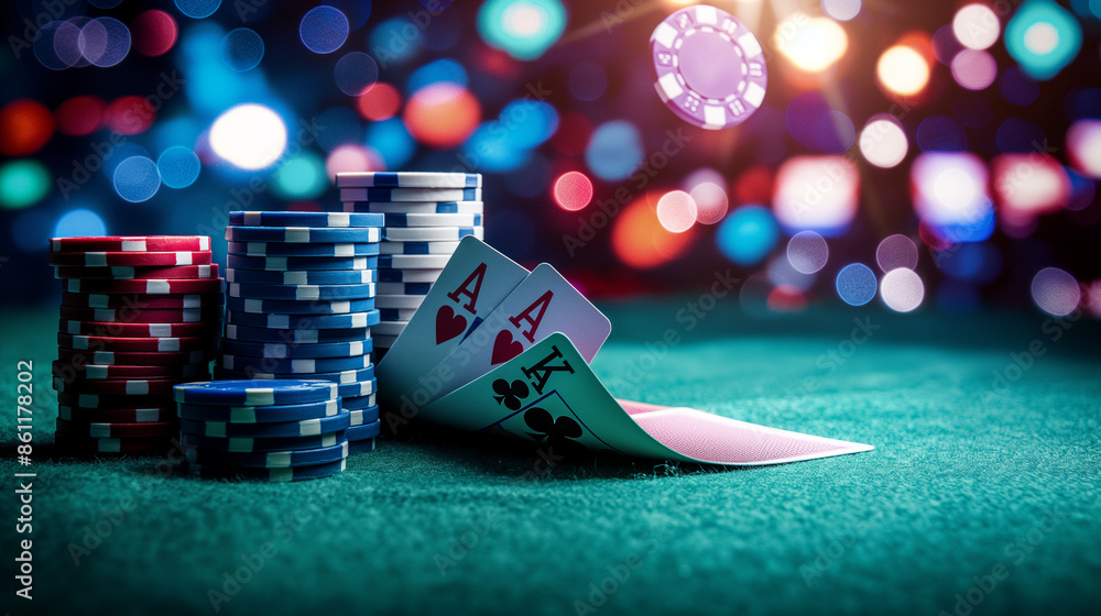 Poker chips and cards on a casino table with colorful bokeh lights in the background. Poker chips and cards on a casino table with colorful bokeh lights in the background.
