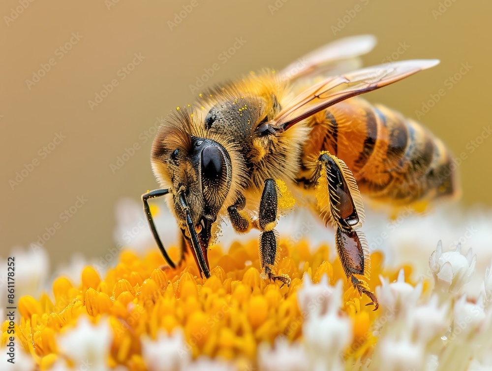 Close-up of a Honeybee Collecting Pollen from a Vibrant Yellow Flower in a Natural Setting Close-up of a Honeybee Collecting Pollen from a Vibrant Yellow Flower in a Natural Setting