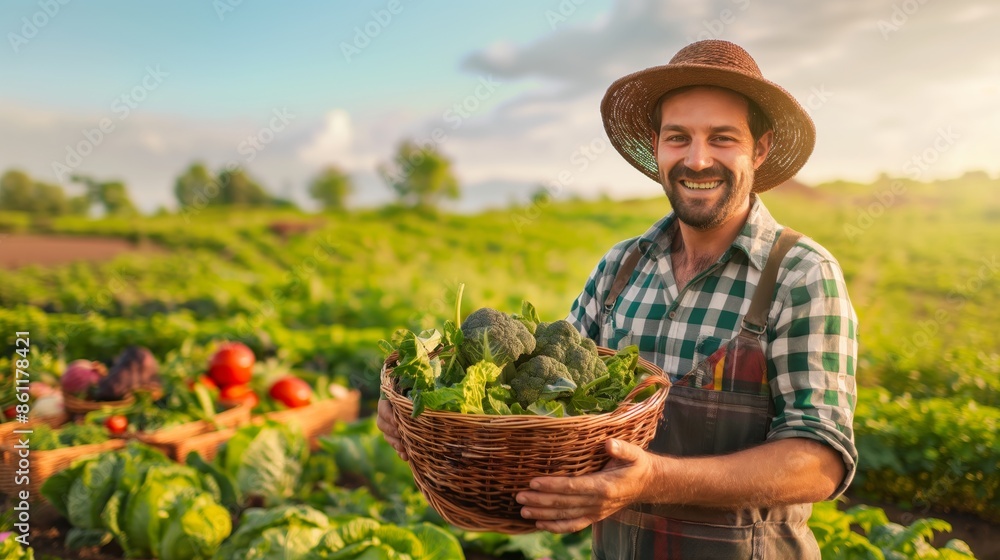A farmer stands proudly in his field, wearing a straw hat and holding a basket filled with fresh green vegetables, showcasing his harvest. A farmer stands proudly in his field, wearing a straw hat and holding a basket filled with fresh green vegetables, showcasing his harvest.