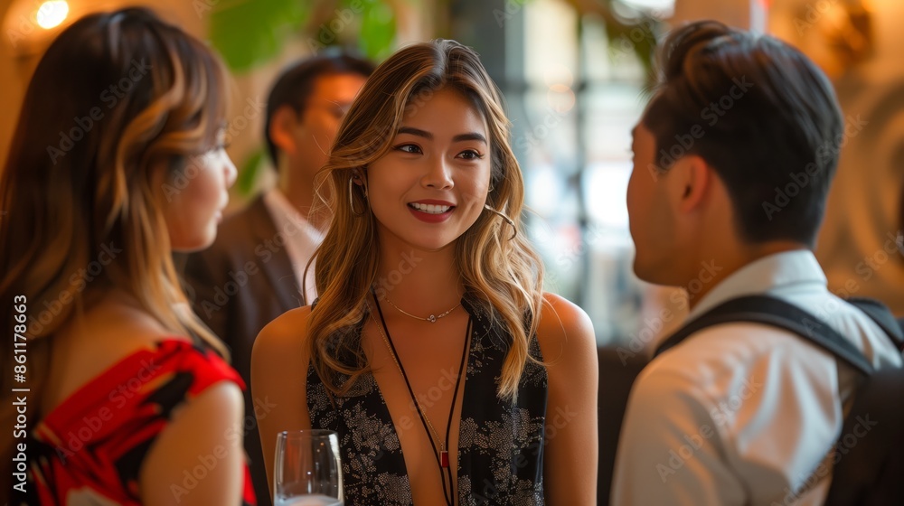 Woman in a Black Dress Smiling and Talking to a Man. Woman in a Black Dress Smiling and Talking to a Man.