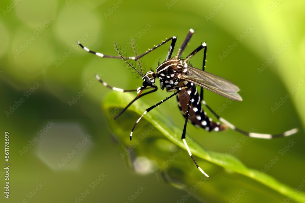 Fototapeta premium Close-up of a Black and White Mosquito on a Green Leaf