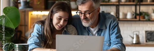 A father and his teenage daughter sit together in a cozy kitchen, both focused and smiling as they look at a laptop screen, sharing a moment. photo