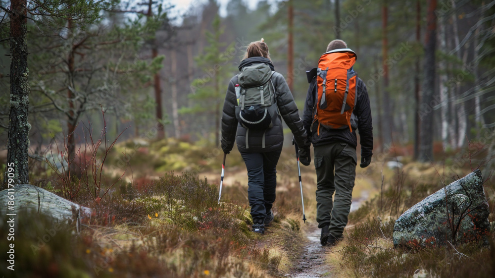 Two hikers with backpacks and poles in forest Two hikers with backpacks and poles in forest