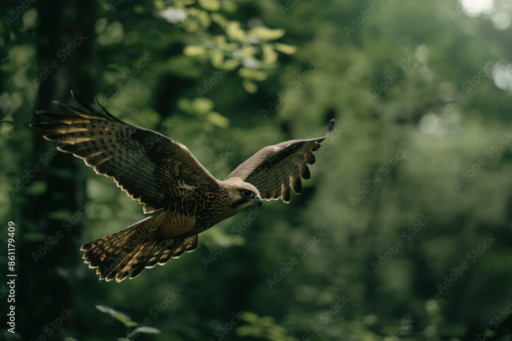 Majestic hawk soaring through lush forest canopy Majestic hawk soaring through lush forest canopy