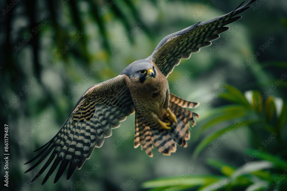 Obraz premium Kestrel bird of prey flying with spread wings in a tropical forest