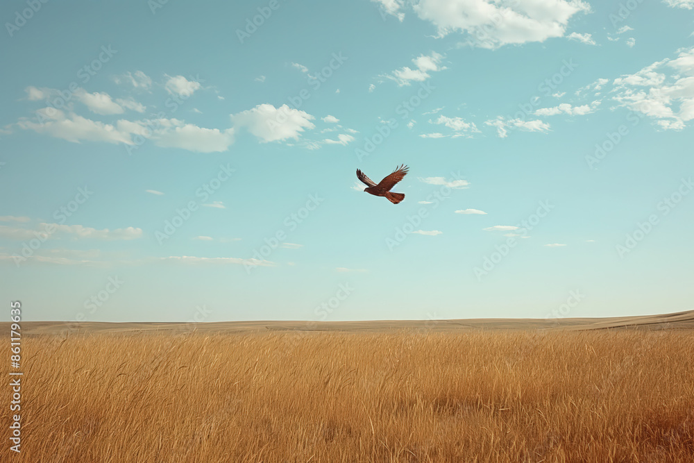 Hawk flying over golden field with blue sky Hawk flying over golden field with blue sky