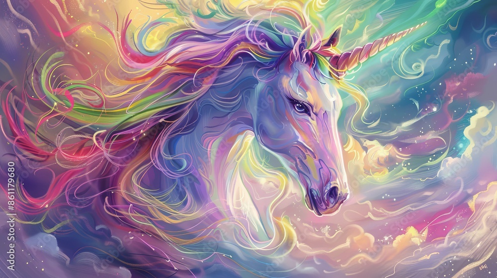 Vibrant beautiful unicorn with a rainbow mane and tail, with iridescent colors swirling around its head, set against an aurora borealis sky background. Vibrant beautiful unicorn with a rainbow mane and tail, with iridescent colors swirling around its head, set against an aurora borealis sky background.