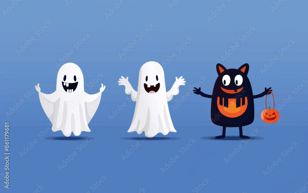 Three Halloween characters are shown in a blue background Three Halloween characters are shown in a blue background