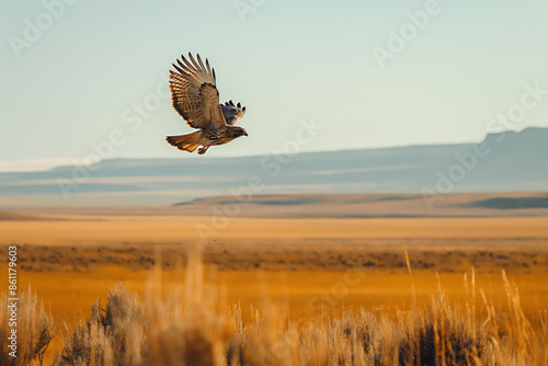 Red-tailed hawk flying over scenic landscape at sunset photo