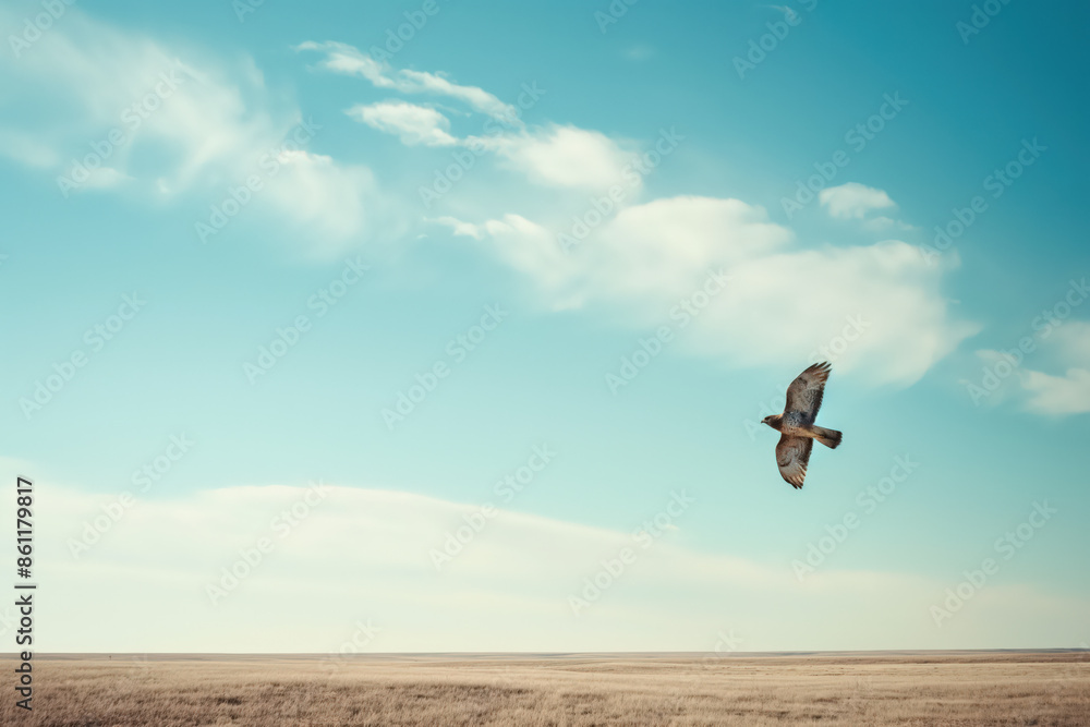 Hawk flying over empty grassland under blue sky Hawk flying over empty grassland under blue sky