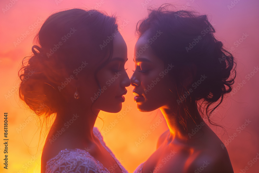 Two brides in white dresses kiss in romantic hazy warm light setting, colorful background glow Two brides in white dresses kiss in romantic hazy warm light setting, colorful background glow