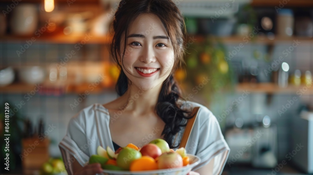 Portrait, fruit salad and apple with a young asian woman in the kitchen of her home for health, diet or nutrition. Portrait, fruit salad and apple with a young asian woman in the kitchen of her home for health, diet or nutrition.