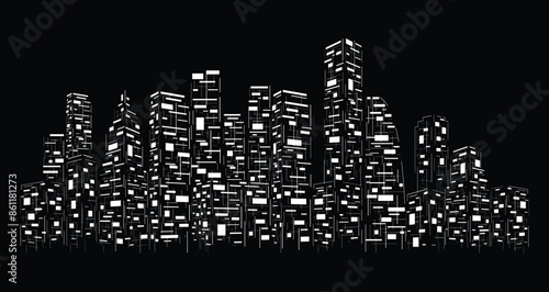 City symbols from lines and squares.  Futuristic night city. Building and urban vector Illustration, Design graphic for web page or banner.