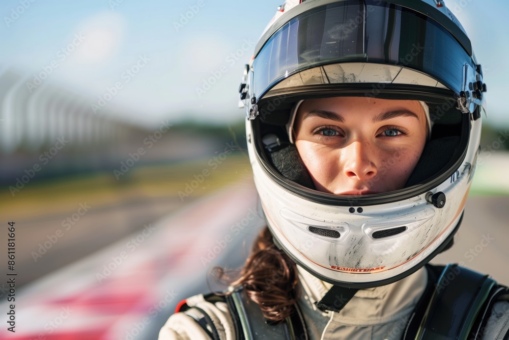 A woman wearing a racing helmet is smiling. The helmet is white and black. The woman is standing on a racetrack A woman wearing a racing helmet is smiling. The helmet is white and black. The woman is standing on a racetrack