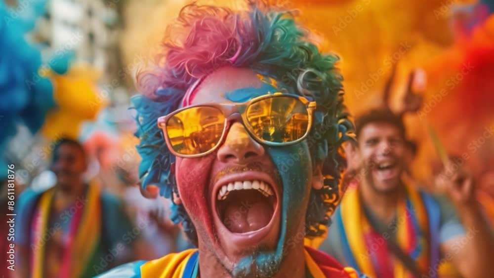A football fan with their face painted in World Cup colors binds football fans together. Awed spectators record moments and matches. A football fan with their face painted in World Cup colors binds football fans together. Awed spectators record moments and matches.