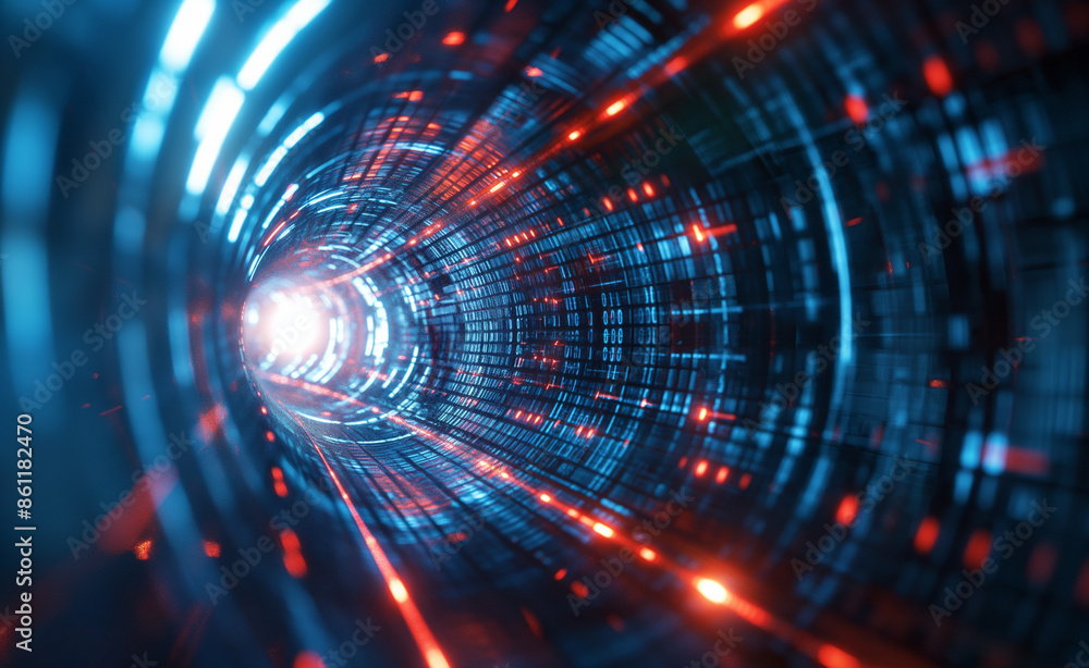 Obraz premium Futuristic tunnel with glowing lights and digital effects.