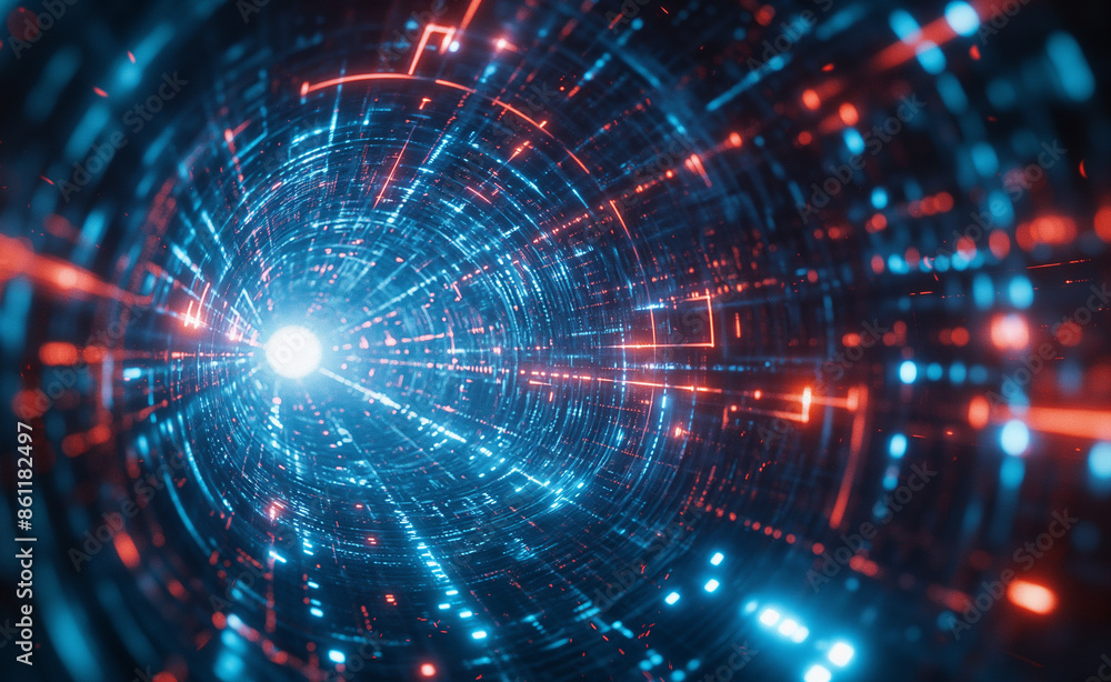 Obraz premium Futuristic tunnel with glowing lights and digital effects.